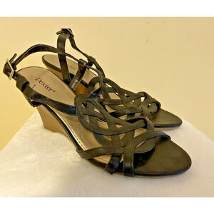 DEXTER Leather Strappy Wedge Heel Sandals 7.5M Black Career Casual Preppy